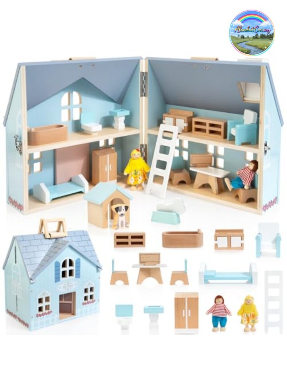 Wooden Dollhouse with Furniture, 2 Dolls & Pet Set, Foldable with Handle, STEM